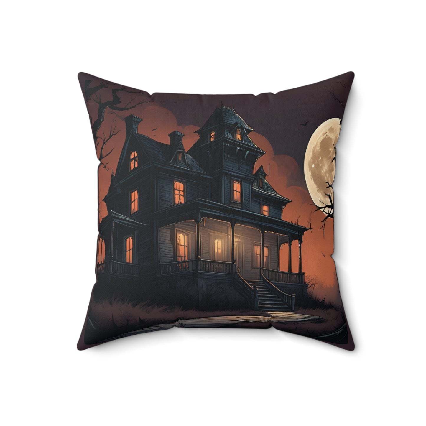 Vintage Haunted House Scene Pillow